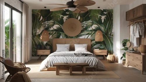 A modern tropical bedroom with palm leaf wallpaper, rattan furniture, and a ceiling fan swirling gently overhead. photo