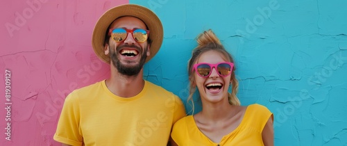 Stylish Man and Woman Posing in Front of Colorful Wall