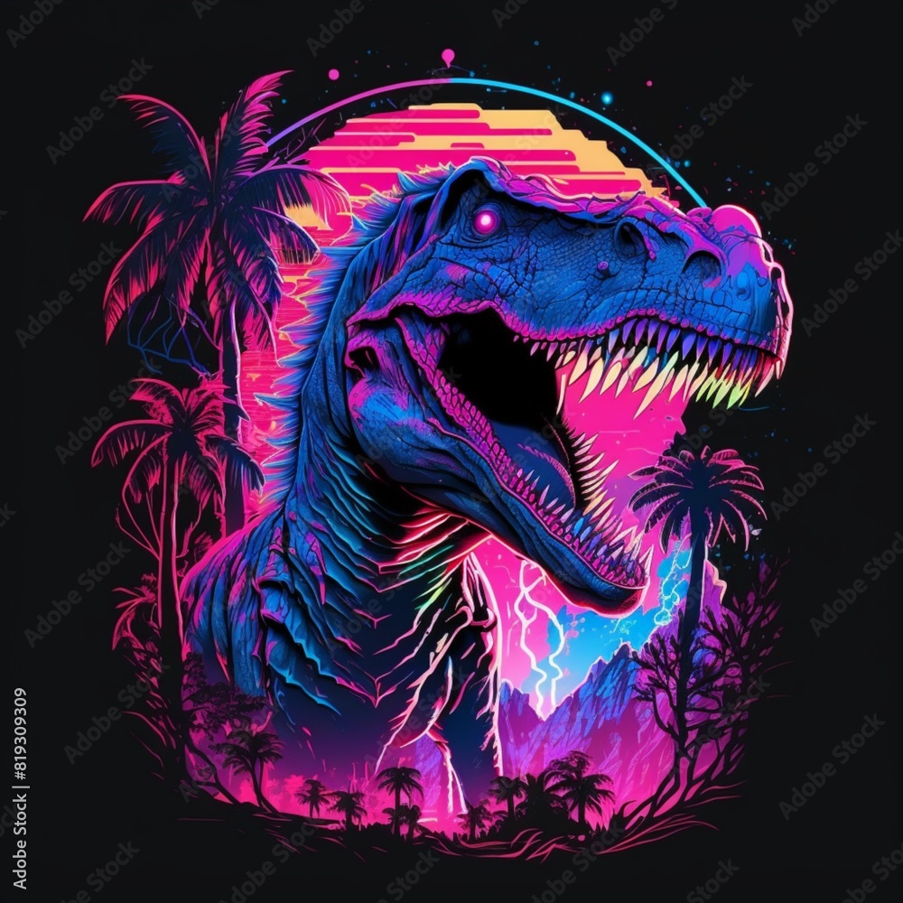 a Tyrannosaurus rex dinosaur standing on its hind legs in a tropical landscape. The dinosaur is bathed in the warm light of a setting sun, and there are palm trees silhouetted against the colorful a Tyrannosaurus rex dinosaur standing on its hind legs in a tropical landscape. The dinosaur is bathed in the warm light of a setting sun, and there are palm trees silhouetted against the colorful