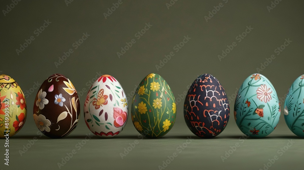 A row of vividly hued eggs line up on a gray backdrop with a floral pattern embossed on them A row of vividly hued eggs line up on a gray backdrop with a floral pattern embossed on them