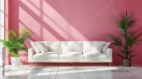 White Couch in Front of Pink Wall