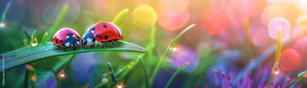 Two Ladybugs Sitting on a Green Leaf