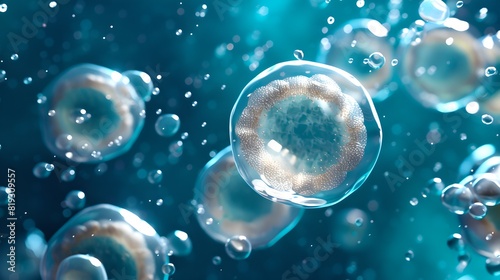 Wallpaper Mural Close-up view of microscopic cells in liquid. Vibrant colors. Ideal for scientific illustrations and biology studies. Microscopic view of cells. Created using artificial intelligence. AI Torontodigital.ca