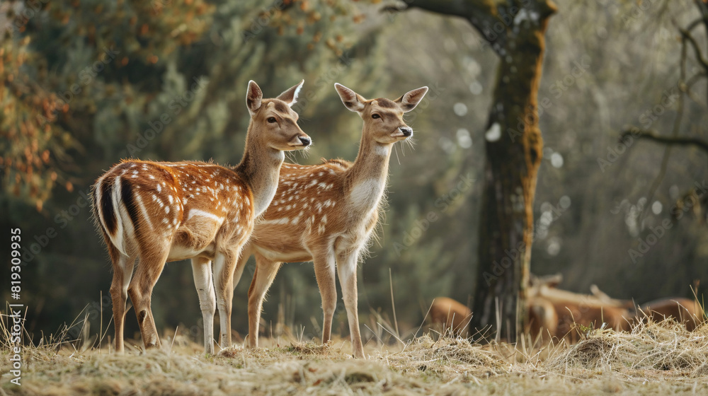 Pair of deer in forest. Two young deer standing in a forest clearing, their coats dappled with sunlight filtering through the trees.. Pair of deer in forest. Two young deer standing in a forest clearing, their coats dappled with sunlight filtering through the trees..