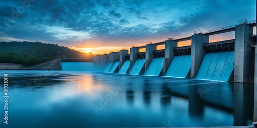  the dam flows clean water in the morning, Industrial waste water treatment plant purifying water  photo