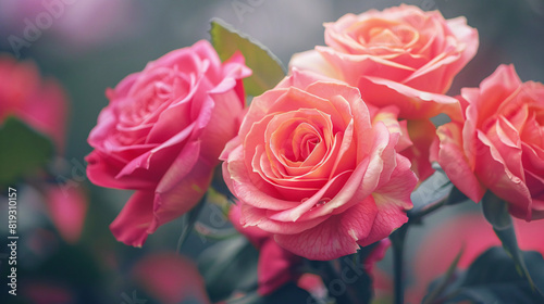 Pink roses in bloom. Close-up of pink roses in full bloom, showcasing their delicate petals and vibrant colors..