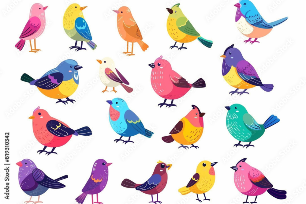Set of colorful birds and butterflies isolated on white background. set vector icon, white background, black colour icon