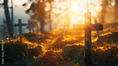 Silhouettes of old wooden crosses in contrasting sunlight. A pilgrimage site on a mountain in the