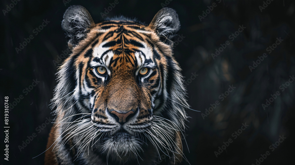 Tiger portrait in darkness. A close-up of a tiger's face, highlighting its intense gaze and majestic features against a dark background.. Tiger portrait in darkness. A close-up of a tiger's face, highlighting its intense gaze and majestic features against a dark background..