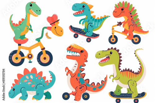 Set of cute funny dinosaurs riding skateboard  scooter  bike and roller skates. Cartoon cool dino characters and graphic elements for children s design set vector icon