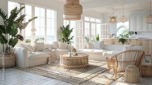 A Scandinavian retro coastal chic living room with whitewashed wood, rattan furniture, and coastal accents. © Eric