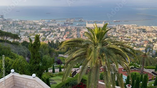 Haifa, Israel, June 26, 2024 : view from the Louis Promenade on Mount Carmel to the Bahai Temple, the downtown and port of Haifa city