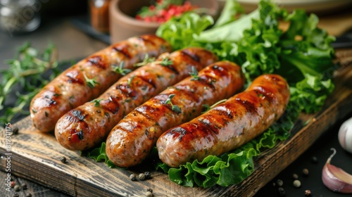 Sausages with lettuce and herbs behind them on a wooden board