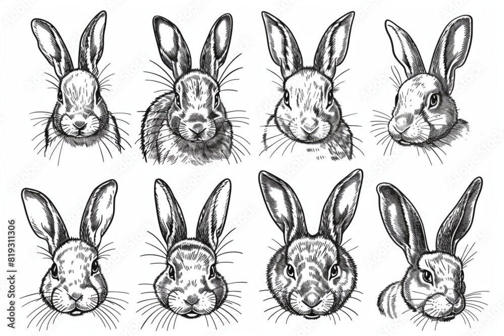 Set of easter bunnies hand drawn, face of rabbits. Ears and muzzle with whiskers, paws. set vector icon, white background, black colour icon