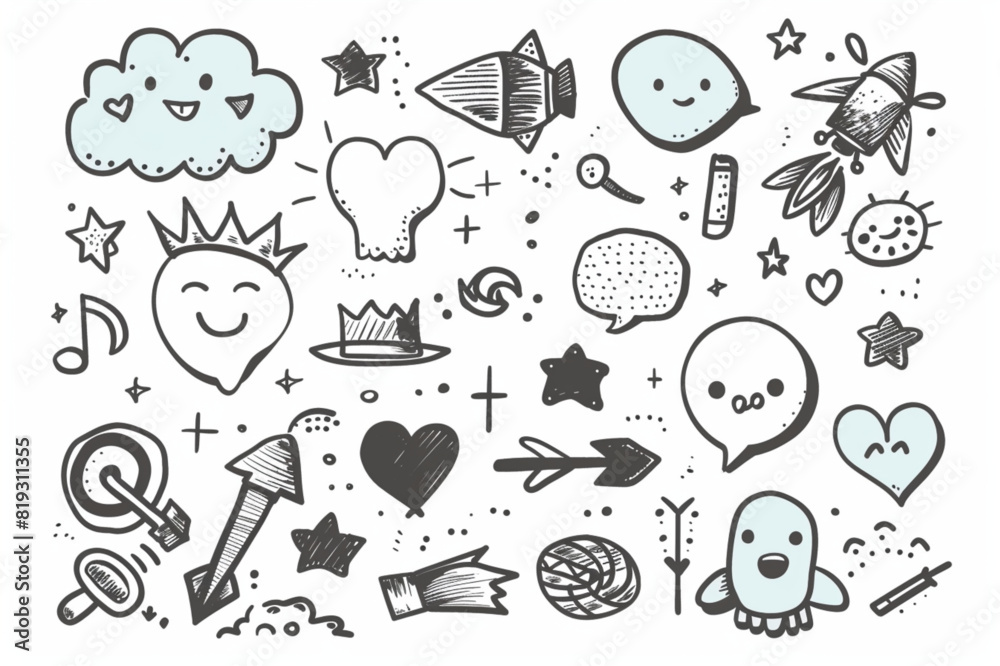 Set of cute pen line doodle element vector. Hand drawn doodle style collection of speech bubble, arrow, rocket, butterfly, crown, heart. Design for decoration, sticker, idol poster, social media set v