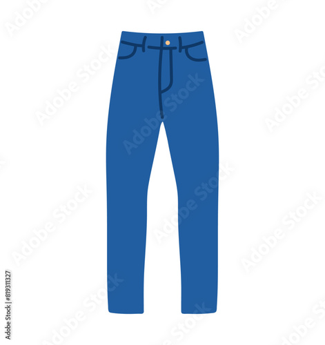 Fashion jeans trousers, modern jeans pants, denim fabric trousers, cotton clothes, casual women apparel with button and pockets, trendy slim leg wearing on white background flat vector illustration.