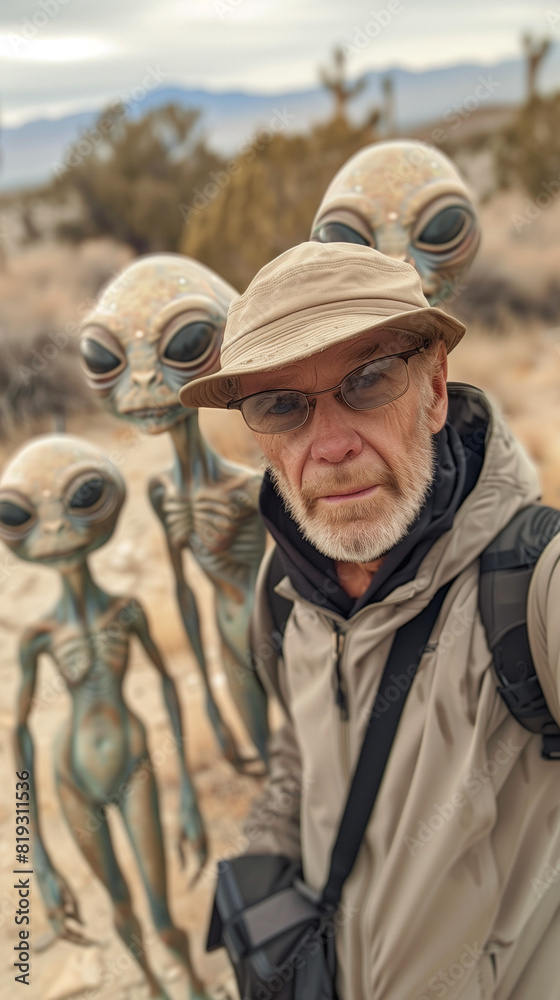 a guy taking a funny selfie with a group of pale green tall and thin aliens with big eyes a guy taking a funny selfie with a group of pale green tall and thin aliens with big eyes