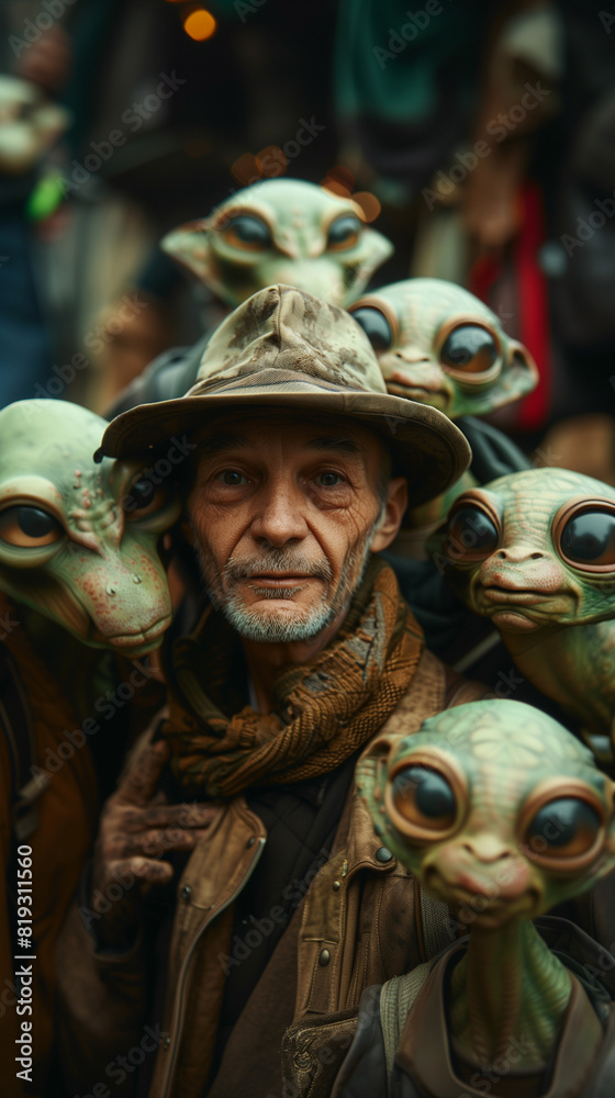 a guy taking a funny selfie with a group of pale green tall and thin aliens with big eyes