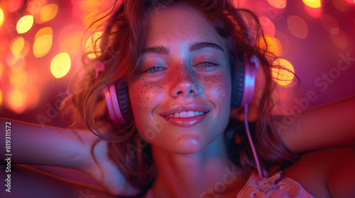 young woman happy in the silente disco party, headphone in the head
