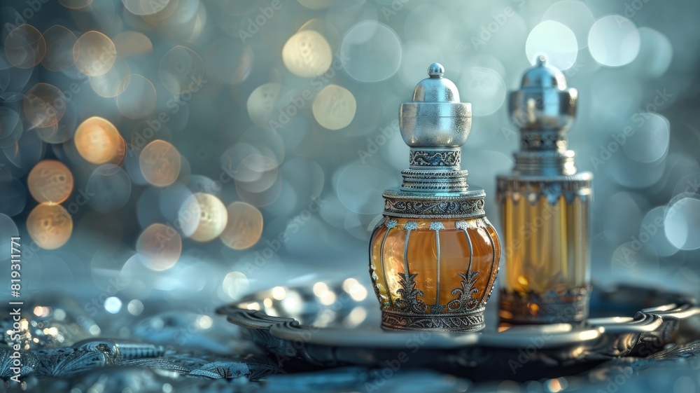 Elegant ornate perfume bottles on silver tray Elegant ornate perfume bottles on silver tray