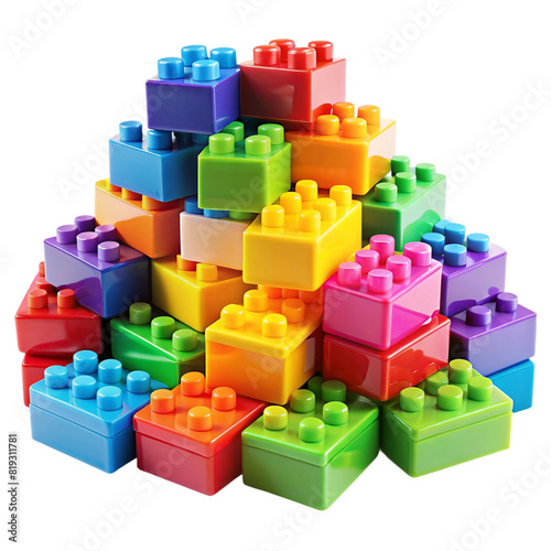 Pile of rainbow color plastic building toy blocks Isolated on transparent background