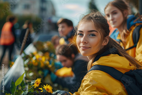 Young people volunteer and garden, planting trees and plants., preparing and distributing food, building and arranging parks, and picking up litter. photo