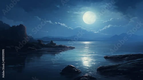 Serene Moonlit Night Over Calm Waters with Rocky Shore