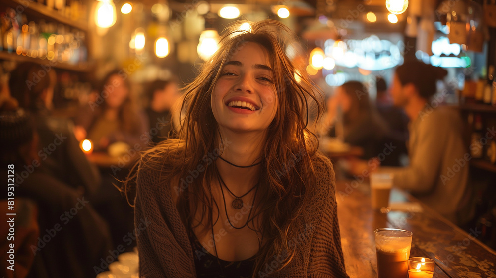 beautiful young woman on a date with you POV in an english or Irish pud smile at you beautiful young woman on a date with you POV in an english or Irish pud smile at you