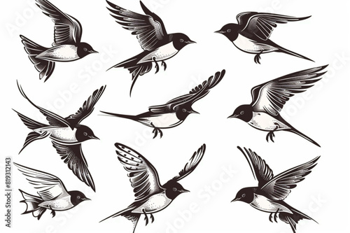 Set of flying barn swallows birds isolated on white background. Vector line drawing design elements. set vector icon  white background  black colour icon