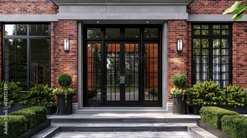 Red brick house with black double doors and windows showing a view of the front door. The scene includes the exterior wall of a house, framed by large windows and potted plants on each side.