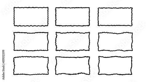 Set of black rectangular frames with jagged uneven edges isolated on white background. Vector illustration