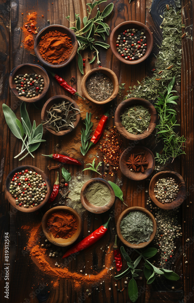 herbs and spices on a wooden board herbs and spices on a wooden board