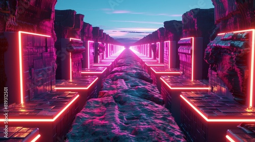 A digital canyon carved from the earth, its walls lined with rows of glowing neon squares stretching into the distance. photo