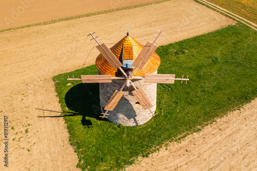 Aerial view about traditional windmill at Tes, Veszprem county, Hungary. Hungarian name is Tesi szelmalmok. photo