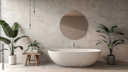 A minimalist bathroom with an oval freestanding bathtub  a large mirror above it and a small wooden stool next to the bathtub. The walls are done in soft gray tones  which creates a calm atmosphere.