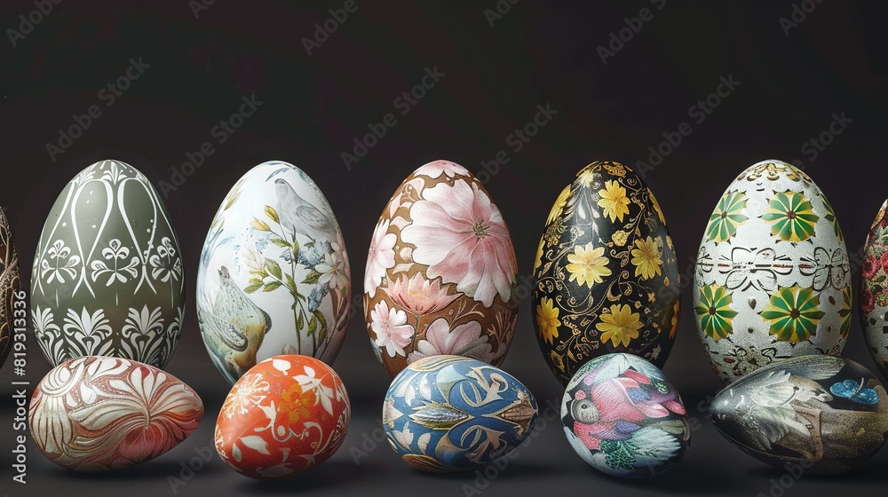   A row of black-painted eggs rests on a dark surface against a black backdrop
