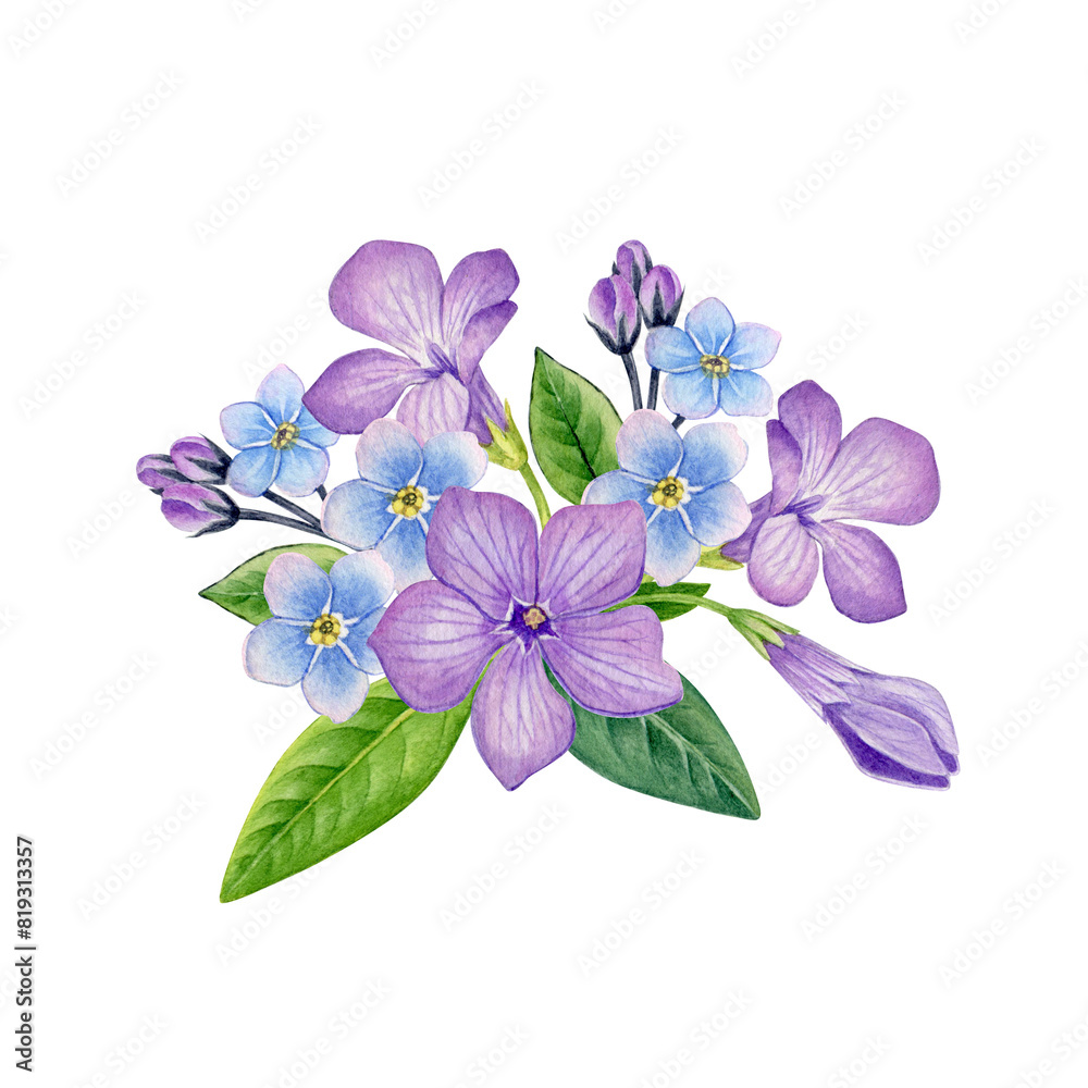 Watercolor painting spring flower arrangement with purple spring flowers. Floral composition can be use as print, poster, postcard, invitation, greeting card, packaging design, label, floral element. Watercolor painting spring flower arrangement with purple spring flowers. Floral composition can be use as print, poster, postcard, invitation, greeting card, packaging design, label, floral element.