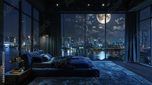 Tall bedroom overlooking the city  large windows  night time  blue interior color  dark tones of modern decorative elements in the room  carpet on the floor  soft bed with satin fabric cover.