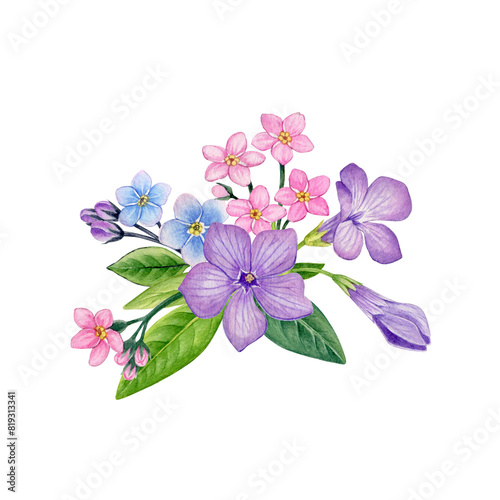 Watercolor painting spring flower arrangement with purple spring flowers. Floral composition can be use as print, poster, postcard, invitation, greeting card, packaging design, label, floral element.