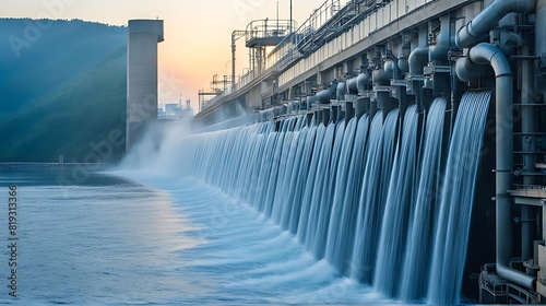  the dam flows clean water in the morning, Industrial waste water treatment plant purifying water 