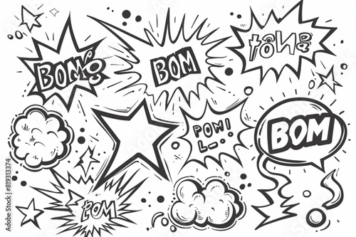 Set of hand drawn elements doodle comics isolated on white background. Comic elements with text BOW, POW, WOW, BAM, BOOM, BANG set vector icon, white background, black colour icon