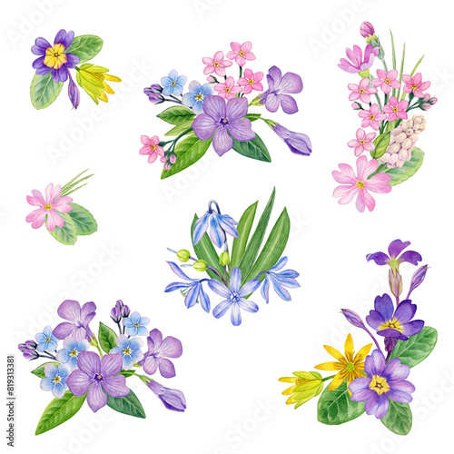 Watercolor painting spring flower arrangements collection. Floral composition can be use as print, poster, postcard, invitation, greeting card, packaging design, label, floral element, stickers.