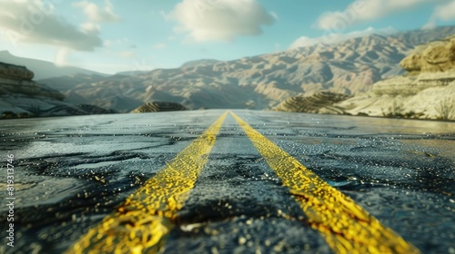 Asphalt road with yellow stripes running through rugged mountainous terrain at dawn. The focus is on the detailed texture and shine of the sun s rays reflecting off the wet pavement.