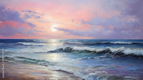 Peaceful Sunset Over the Ocean with Gentle Waves and Pastel Sky © Miva