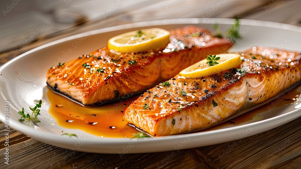 Close-up of two pan-seared salmon fillets with lemon and garnish on top, placed in an oval white plate and drizzled with an amber sauce. Salmon on a wooden table with studio lighting. Close-up of two pan-seared salmon fillets with lemon and garnish on top, placed in an oval white plate and drizzled with an amber sauce. Salmon on a wooden table with studio lighting.