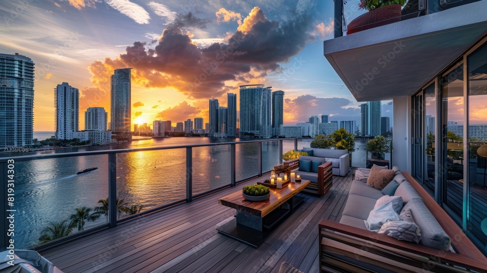 Fototapeta premium A beautiful sunset over the Miami skyline as seen from the balcony of an upscale apartment with modern furnishings and floor-to-ceiling windows overlooking the buildings.
