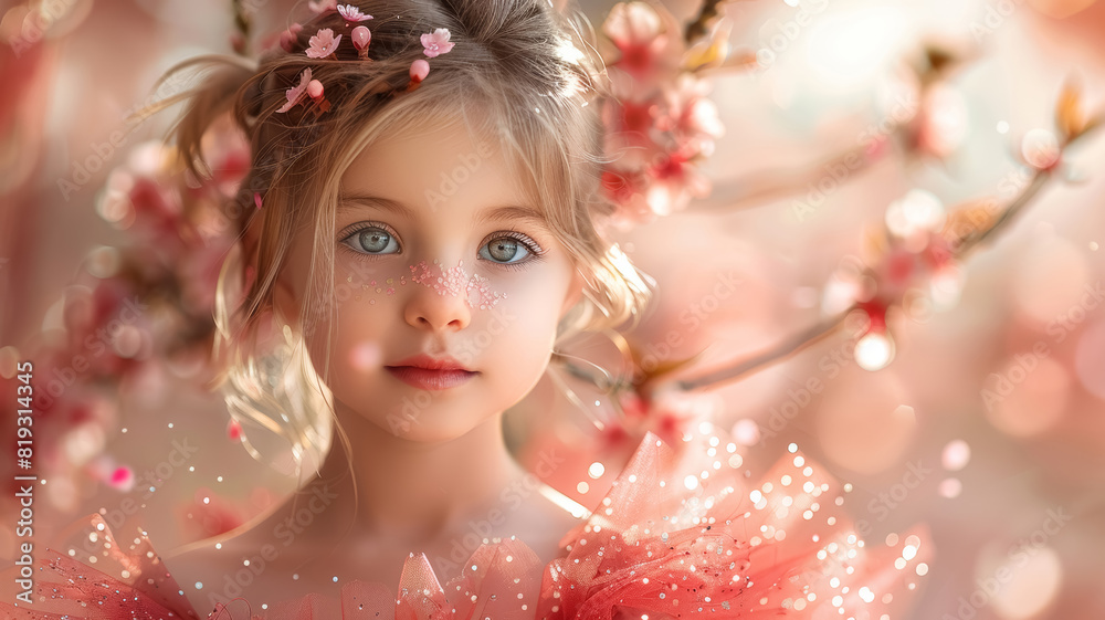 Portrait of a beautiful blond girl in pink dress with flowers in her hair in sakura garden. Sakura blossom, cherry blossom season. Portrait of a beautiful blond girl in pink dress with flowers in her hair in sakura garden. Sakura blossom, cherry blossom season.