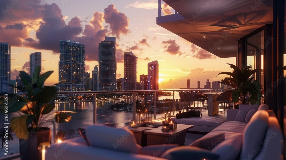 Obraz premium A beautiful sunset over the Miami skyline as seen from the balcony of an upscale apartment with modern furnishings and floor-to-ceiling windows overlooking the buildings.