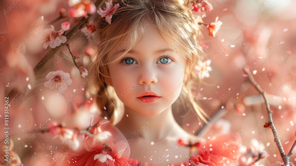 Portrait of a beautiful little girl in red dress in sakura garden, petals falling all around her. Sakura blossom, cherry blossom season. 
