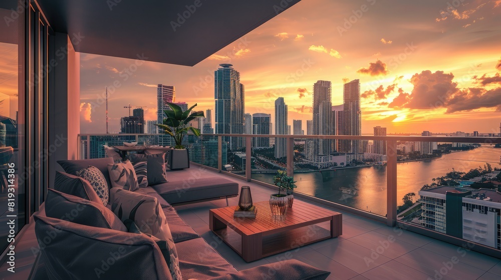 Obraz premium A beautiful sunset over the Miami skyline as seen from the balcony of an upscale apartment with modern furnishings and floor-to-ceiling windows overlooking the buildings.
